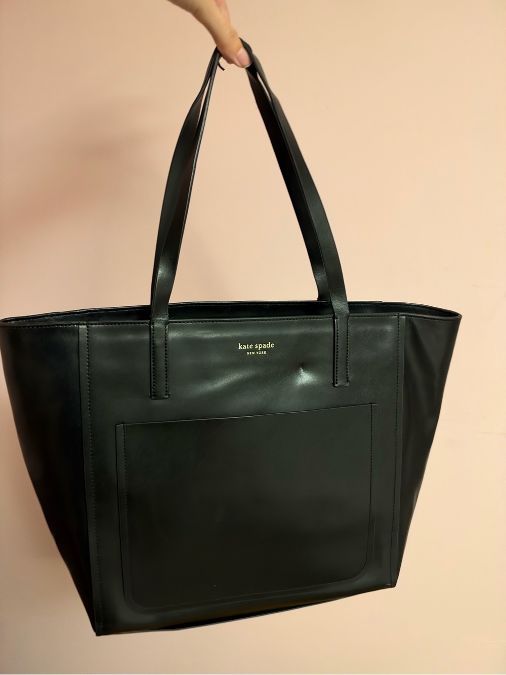 kate spade black leather tote with front pocket